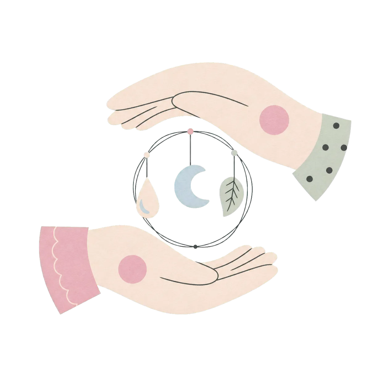 Two hands passing a small mobile of shared care symbols.