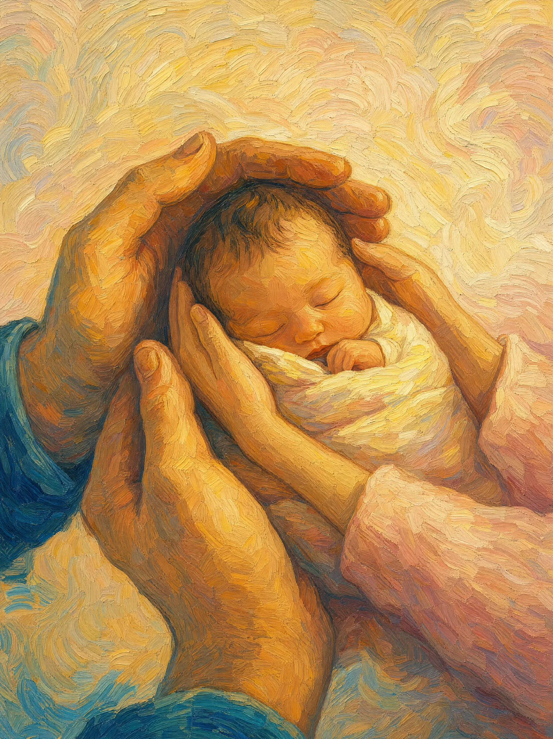 Two adults' hands gently cradling a swaddled, sleeping newborn in warm light.