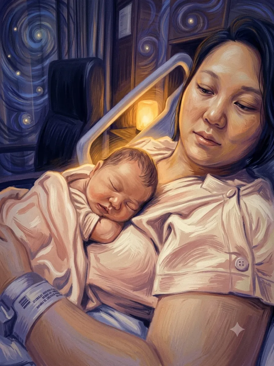 A mother resting in soft amber lamplight, cradling her sleeping newborn against her chest.